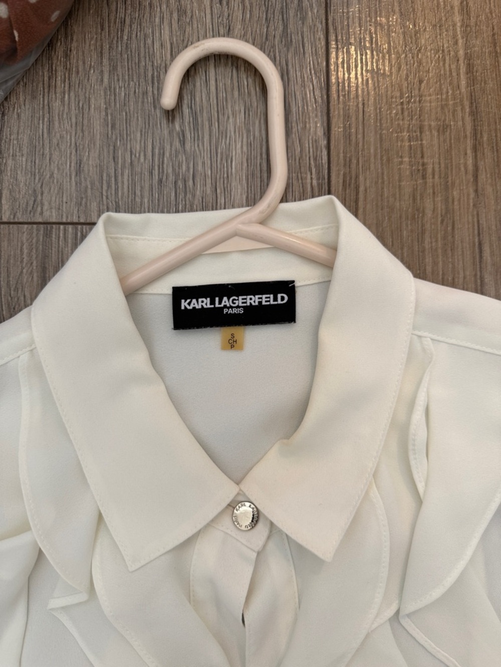 Karl Lagerfeld Cream Ruffle Front Button-Up Blouse - Picture 2 of 3